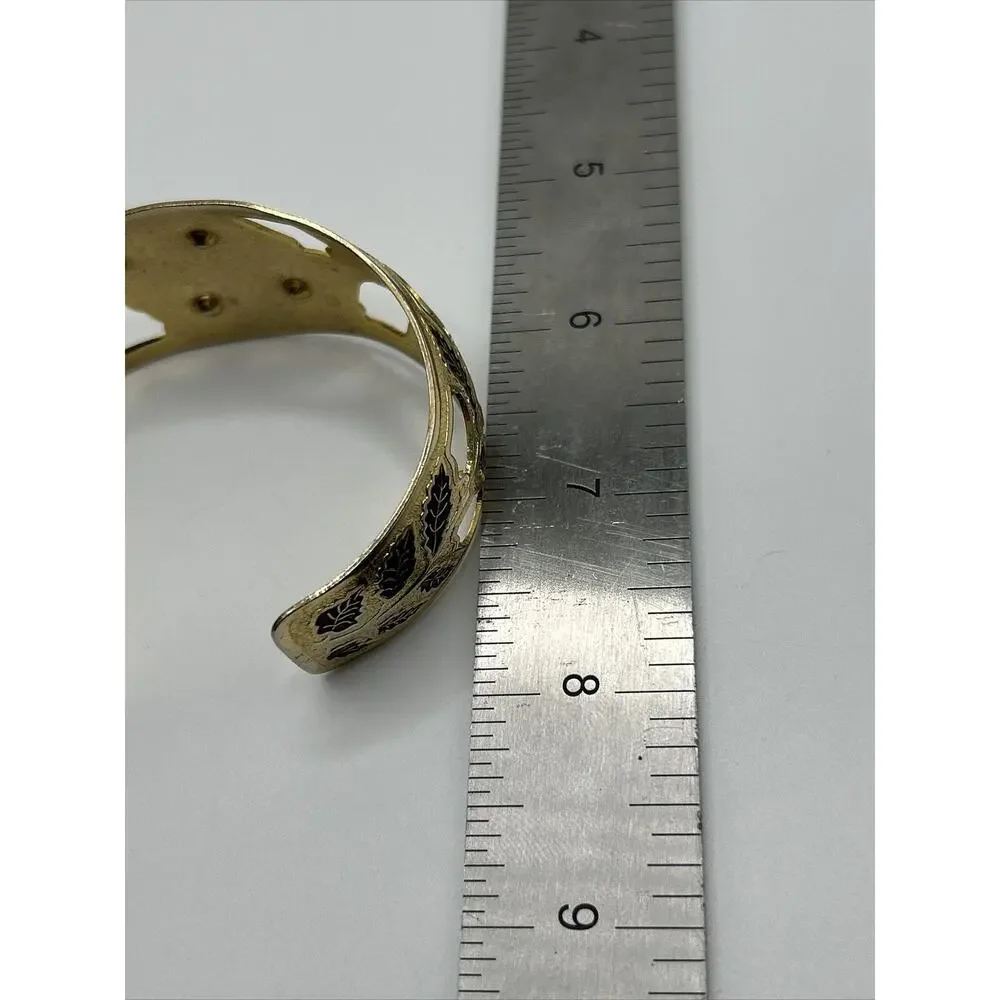 Vintage Gold Tone Floral Enamel Cut Outs‎ Cuff Bracelet Unsigned Fashion